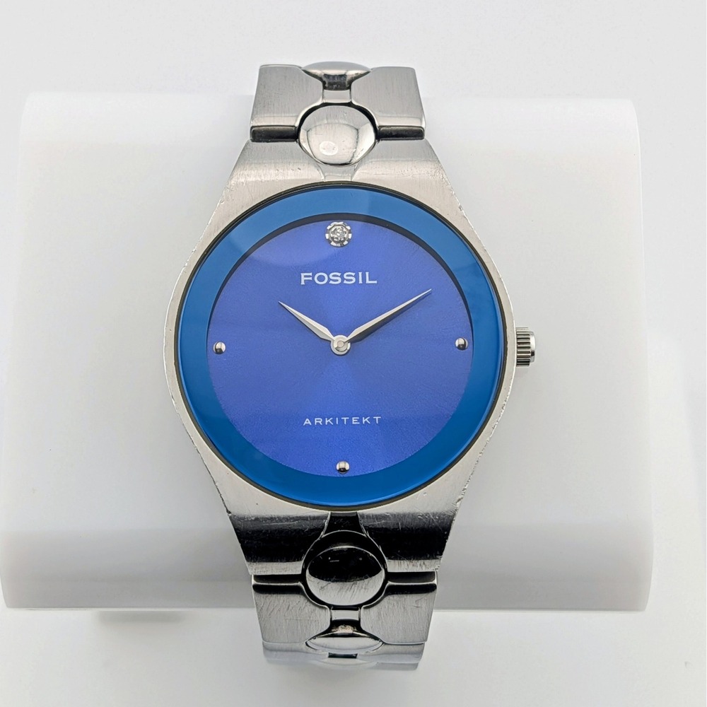 Fossil Arkitekt FS-2710 Y2K Diamond Accent Blue Dial SS Men's Watch 35mm 6.75"